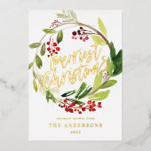水彩の実と緑のリース ホリデーシーズン 箔シーズンカード (正面)