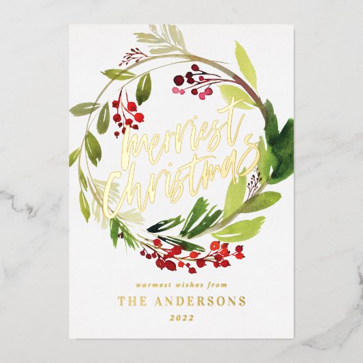 水彩の実と緑のリース ホリデーシーズン 箔シーズンカード (正面)