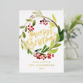 水彩の実と緑のリース ホリデーシーズン 箔シーズンカード (立ち正面)