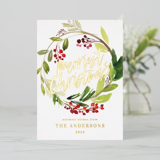 水彩の実と緑のリース ホリデーシーズン 箔シーズンカード (立ち正面)