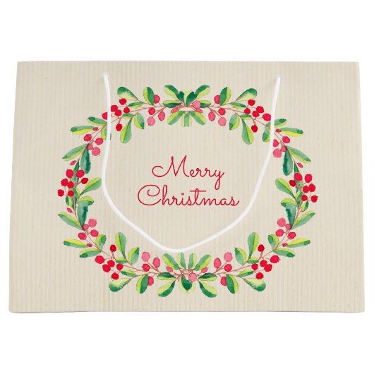 水彩の実と葉のホリデー クリスマス ラージペーパーバッグ (正面)