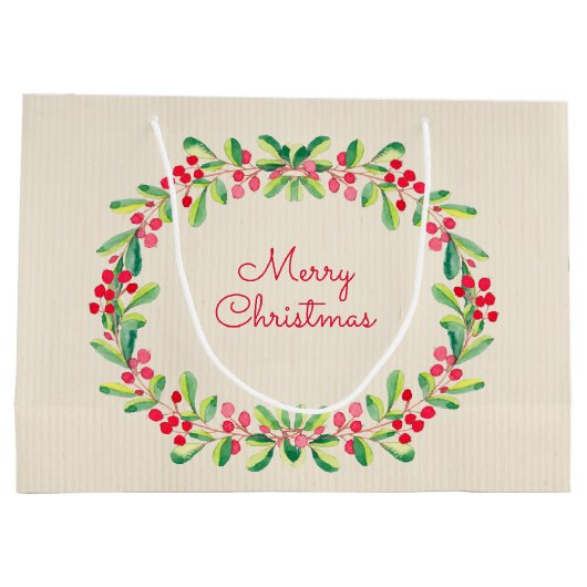 水彩の実と葉のホリデー クリスマス ラージペーパーバッグ (裏面)