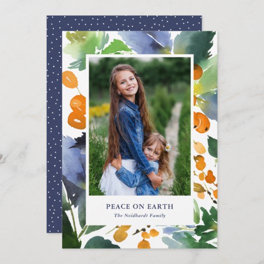 水彩の実のクリスマス フラワー オレンジ 写真 シーズンカード (正面/裏面)