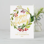 水彩の実のリース Happy Holidays 箔シーズンカード (立ち正面)