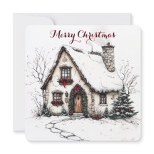 水彩の家のイラストがカスタマイズできるクリスマスカード