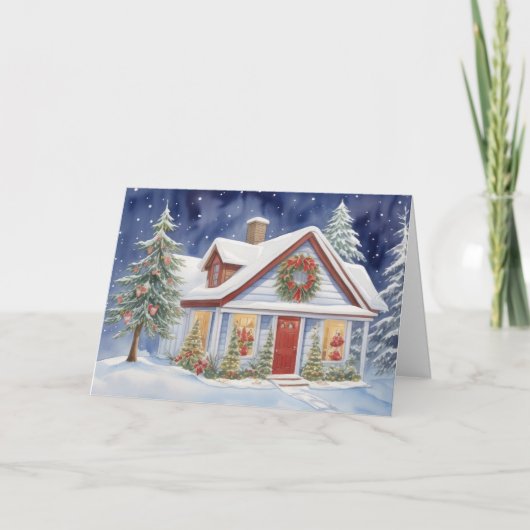 水彩の家の冬の雪のクリスマス シーズンカード (正面)