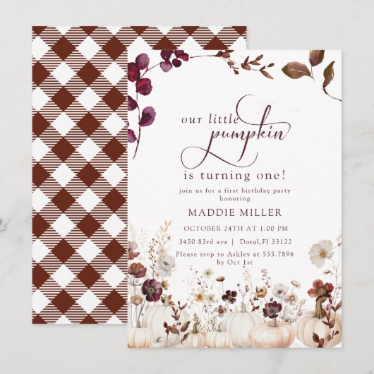 水彩の小さなかぼちゃ | 花のファーストバースデー 招待状 (正面/裏面)