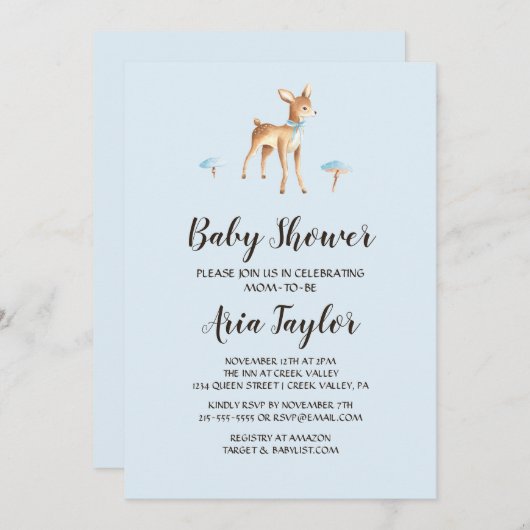 水彩の少年鹿とキノコのベビーシャワー 招待状 (正面/裏面)