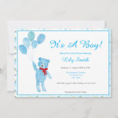 水彩の少年 テディベア 風船 ベビーシャワー 招待状 (正面)