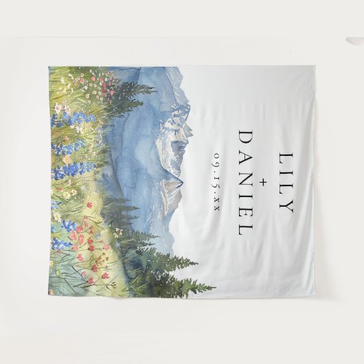 水彩の山々結婚の写真ブース背景 タペストリー (正面(横))