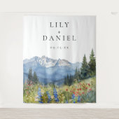 水彩の山々結婚の写真ブース背景 タペストリー (正面)