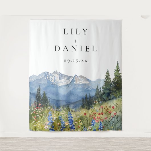 水彩の山々結婚の写真ブース背景 タペストリー (正面)