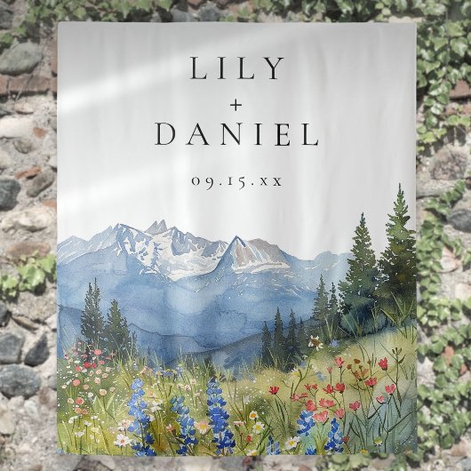 水彩の山々結婚の写真ブース背景 タペストリー