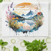 水彩の山景色 キッチンタオル (折り畳み)