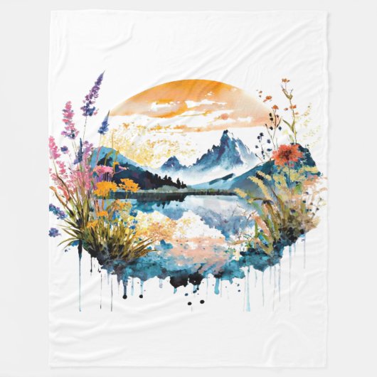 水彩の山景色 フリースブランケット (正面)