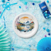 水彩の山景色 ペーパープレート (パーティー)