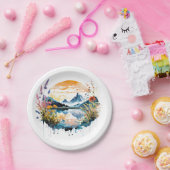 水彩の山景色 ペーパープレート (パーティー)