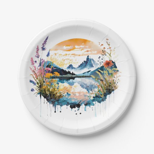 水彩の山景色 ペーパープレート (正面)