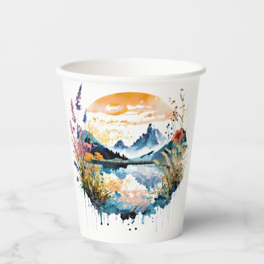 水彩の山景色 紙コップ (正面)