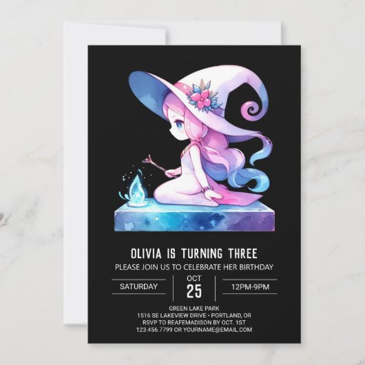 水彩の幸せな魔法使いの誕生日 招待状 (正面)