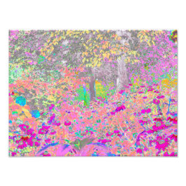水彩の庭園の日の出と紫の花 フォトプリント