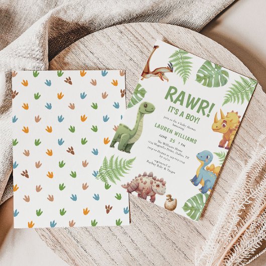 水彩の恐竜が少年の赤ちゃんシャワーを押し下げる 招待状