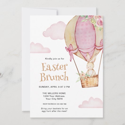 水彩の愛らしいウサギと風船 イースターブランシュ 招待状 (正面)