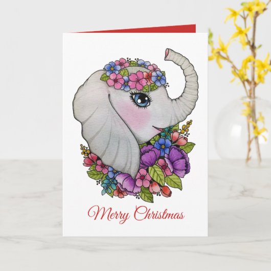 水彩の愛らしい象と野生の花 カード (黄色い花)