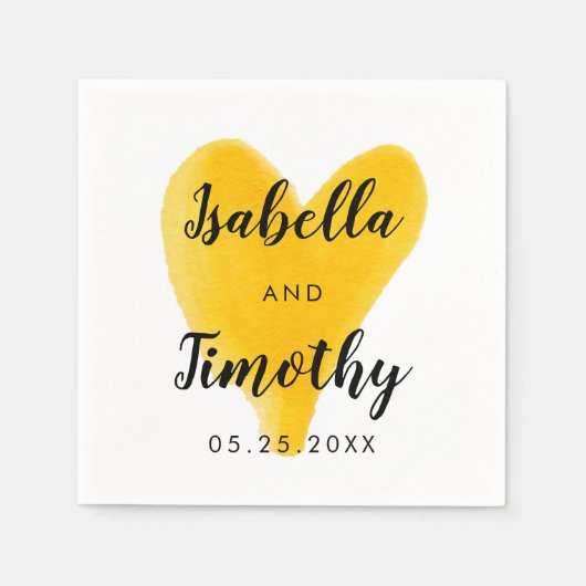 水彩の手結婚レタリング黄色ハート スタンダードカクテルナプキン (正面)
