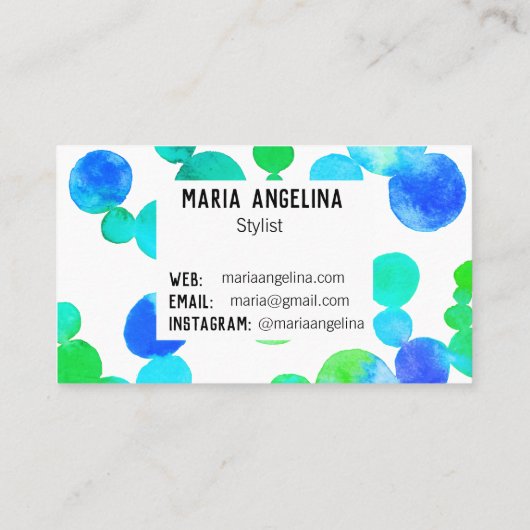 水彩の斑点とドット青の緑 名刺 (裏面)