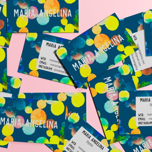 水彩の斑点とドット黄色の青い泡 名刺