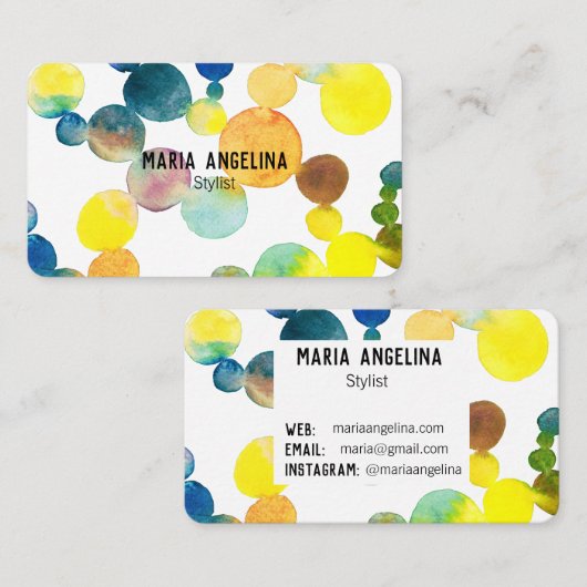 水彩の斑点とドット黄色の青い泡 名刺 (正面/裏面)