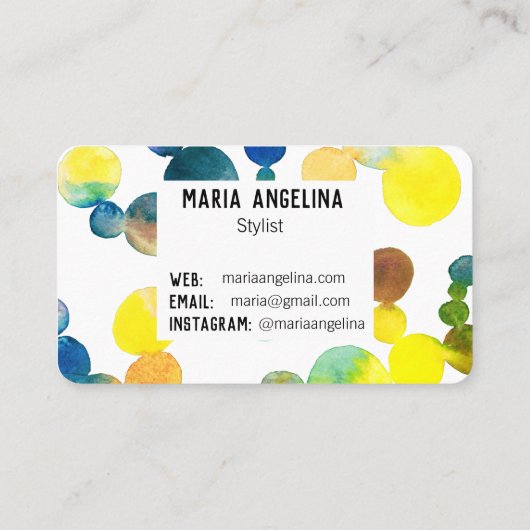 水彩の斑点とドット黄色の青い泡 名刺 (裏面)