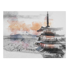 水彩の日本のお寺と富士山 フォトプリント