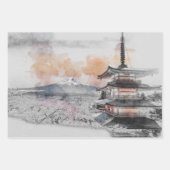 水彩の日本のお寺と富士山 ラッピングペーパーシート (正面)