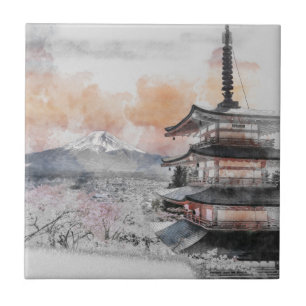 水彩の日本の塔と富士山 タイル