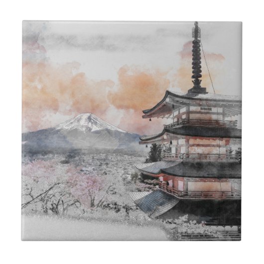 水彩の日本の塔と富士山 タイル (正面)