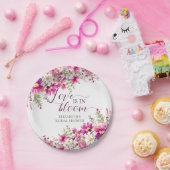 水彩の明るいピンクの花 愛が咲き誇る ペーパープレート (パーティー)