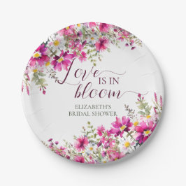 水彩の明るいピンクの花 愛が咲き誇る ペーパープレート