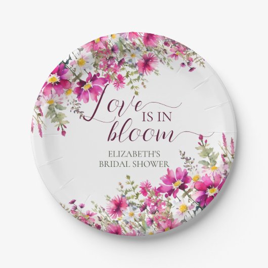 水彩の明るいピンクの花 愛が咲き誇る ペーパープレート (正面)