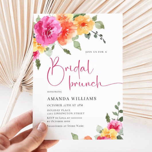 水彩の明るいピンクオレンジの花のブライダルシャワー 招待状