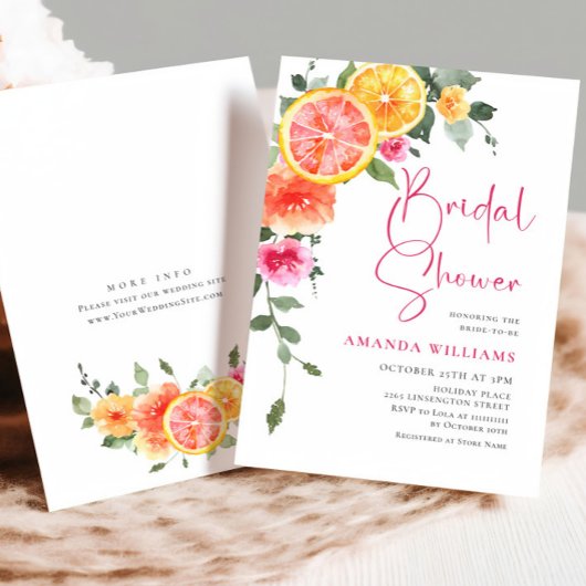 水彩の明るいピンクオレンジの花のブライダルシャワー 招待状