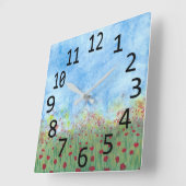 水彩の時計に赤いポピー絵画ズ スクエア壁時計 (傾斜)