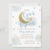 水彩の月の赤ちゃん青と金ゴールドの赤ちゃんシャワー 招待状 (正面)