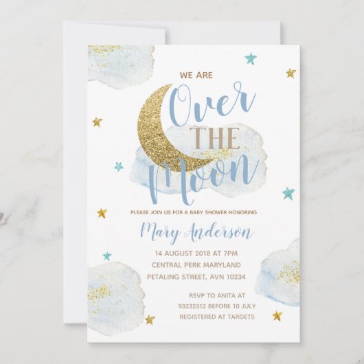 水彩の月の赤ちゃん青と金ゴールドの赤ちゃんシャワー 招待状 (正面)
