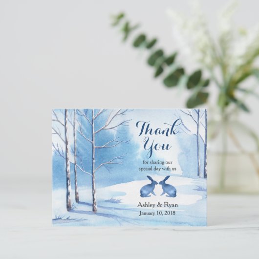 水彩の木うさぎ冬の結婚式ありがとう ポストカード (スタンド正面)