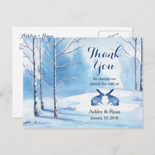 水彩の木うさぎ冬の結婚式ありがとう ポストカード (正面/裏面)