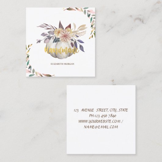 水彩の枝、花のついたカボチャ、手作り スクエア名刺 (正面/裏面)