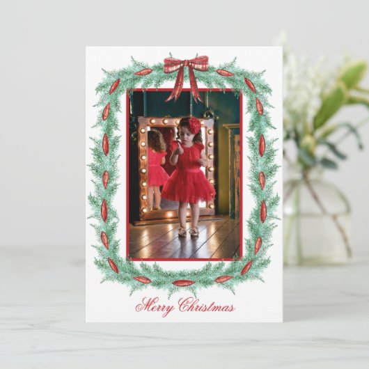 水彩の格子模様のリボンガーランドクリスマス シーズンカード (スタンド正面)