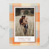 水彩の格子模様 |オレンジクリームブルー写真 箔シーズンカード (正面)